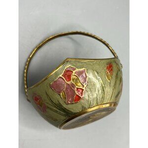 Handcrafted Brass & Enamel Floral Trinket Basket With Handle 4" Made India